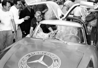 Third Carrera Panamericana Mexico, 1952. Winners Karl Kling and Hans Klenk at the wheel of a Mercedes-Benz 300 SL after a vulture crashed through the windscreen.
