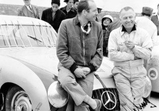 1952 Mercedes-Benz SL Racing Coupe W194 with the mesh to offer protection against 'vulture' related accidents, Seen here are  Hans Klenk and Karl Kling