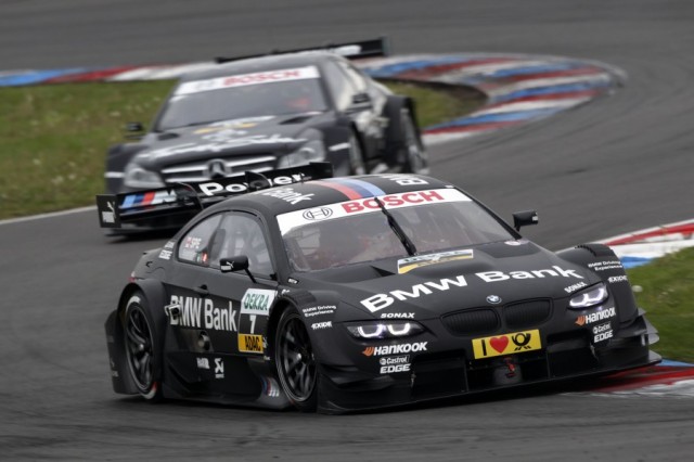 Bruno Spengler driving the BMW Bank M3 DTM for BMW Team Schnitzer trailed by Gary Paffett, THOMAS SABO Mercedes AMG C-Coupé at Lausitzring