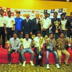Championship winners along with Chief Guest Mr. Arun Mammen, Managing Director, MRF Ltd. (5th from left), Guest of Honour Mr. Keita Muramatsu, President & CEO, Honda Motorcycle & Scooter India Pvt. Ltd. (6th from the left), Guest of Honour Mr. Jun Nakata, Director Sales & Marketing, India Yamaha Motors Pvt. Ltd. (4th from left).