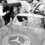 Third Carrera Panamericana Mexico, 1952. The winning team of Hans Klenk (left) and Karl Kling Mercedes-Benz 300 SL after a vulture crashed through the windscreen.