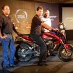 (L to R ) Mr. Joseph Abraham, CTO, Mr. Rajiv Bajaj, MD, and Mr. K.Srinivas, President-Motorcycles, Bajaj Auto unveil the new Pulsar 200 NS