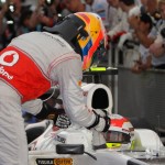 Sergio Pérez is congratulated by Lewis Hamilton at the F1 2012 Malaysian GP