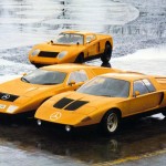Three generations of the Mercedes-Benz research car C 111: on the right: C 111-II, 1970. In the middle: C 111-I, 1969. On the left (background): the first prototype version of the C 111-I