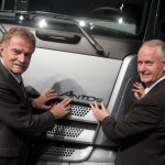 Georg Weiberg, Head of Truck Product Engineering (left) and Hubertus Troska, Head of Mercedes-Benz Trucks (Europe/Latin America) (right), “christen” the new Mercedes-Benz Antos - the heavy-duty short-radius distribution truck.