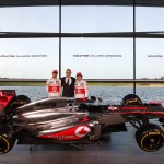 Jenson Button, Martin Whitmarsh, Sergio Perez at the unveiling of the 2013 F1 contender Vodafone McLaren Mercedes MP4-28